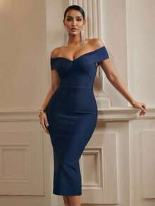 Anewsta Women's New Off-Shoulder Sexy Bandage Bodycon Party Dress, European And American Street Style, Navy Blue - Navy Blue - View 5