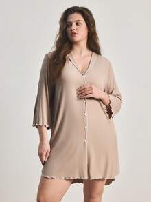 Ocili Áo ngủ cỡ lớn, chất liệu gân, thoải mái, cổ bèo nhún, cài nút. - Màu Khaki - Xem 4