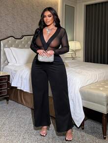 NU&NOW Bộ jumpsuit dài tay ren cổ chữ V sâu gợi cảm dành cho nữ cỡ lớn - màu đen - Xem 3