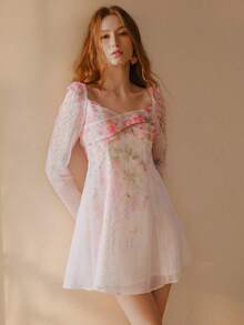 PREMIUM WOMEN'S FLORAL PRINTED FOLD PLEATED MINI DRESS - Pink - View 5