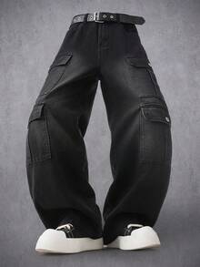 Manfinity EMRG Quần jeans nam dáng suông, ống đứng, rộng rãi, màu đen, phong cách hip hop đường phố. - màu đen - Xem 3