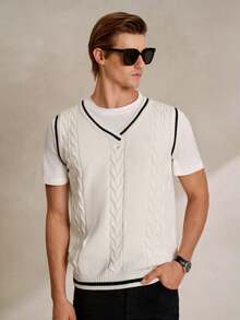 Manfinity CityGents Men's Casual Daily Contrast Trim Cable Knit V-Neck Sweater Vest Men Knit Tops Cream Top Men Men Knit Tank Top Men Cable Knit Men Summer Wear - Multicolor - View 3