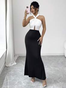 Rafferiza Women's Elegant & Romantic Black & White Color Block Bodycon Maxi Dress, Versatile Styling - Brown - View 4