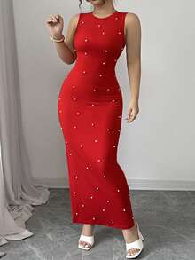 Elenzga 情人节优雅红色中长针织连衣裙，牛奶丝面料，正面饰有珍珠。 - 紅色 - 查看 3