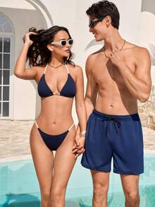 Manfinity VDAYZ Men's Drawstring Waist Casual Pocket Beach Shorts - Blue and White - View 5