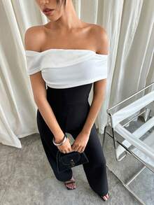 Siren Gaze 女士优雅露肩黑白装饰拼接连体裤 - 黑與白 - 查看 5