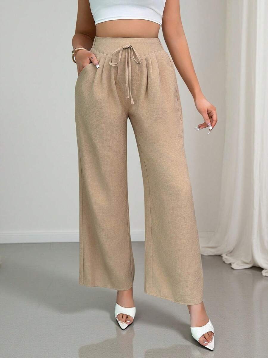 女士纯色腰带褶裥口袋阔腿休闲裤，春夏款 - 卡其色 - 查看 1