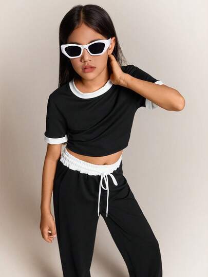 Radiana Tween flicka stickad kontrast trim rund hals kort ärm sport set