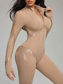 Innovista Women's Stand Collar Zipper Fitted Daily Outdoor Ski Jumpsuit, Long Sleeve - Coffee Brown - View 1