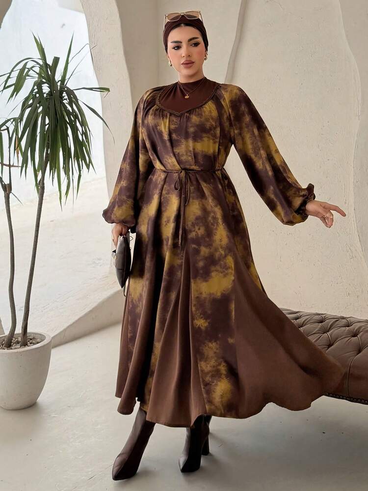 Dazy Plus Floral Print Patchwork Chiffon Loose Fit Batwing Sleeve Belted Dress, Plus Size Women Elegant Maxi Dress Sundress
