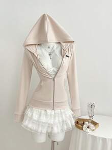 Elamini Women's Hooded Zip-Up Embroidered Fitted Long Sleeve Jacket - Baby Pink - View 3