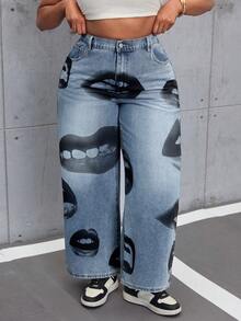 Slaydiva Spring/Summer Plus Size Women High Waist Pocket Lip Print Loose Casual Wide Leg Jeans - Blue - View 1