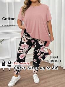 SHEIN CURVE+ 大尺碼女款夏季波希米亞風粉色花卉兩件套，圓領短袖不對稱下擺T恤與休閒長褲，海灘度假穿搭 - 藕粉色 - 查看 10