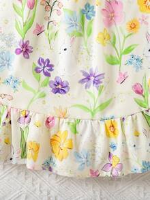 SHEIN Playful Pals Vestido de tirantes con volantes en el bajo, estampado digital de conejo lindo y flores, de tela tejida, adecuado para uso diario de verano, salidas, viajes, vacaciones y fiestas, para niñas jóvenes - Multicolor - Ver 4