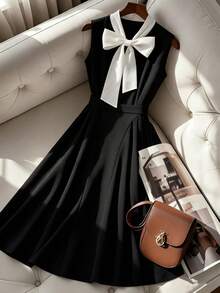 Franclia Women's Tie Collar Ruched Waist Elegant Casual Dress, Suitable For Dates And Commuting - Black and White - View 1