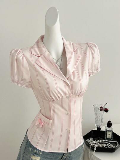 Elamini Women's Casual Pink Striped Bow Pocket Short Sleeve Blouse, Suitable For Daily Outings, Spring/Summer