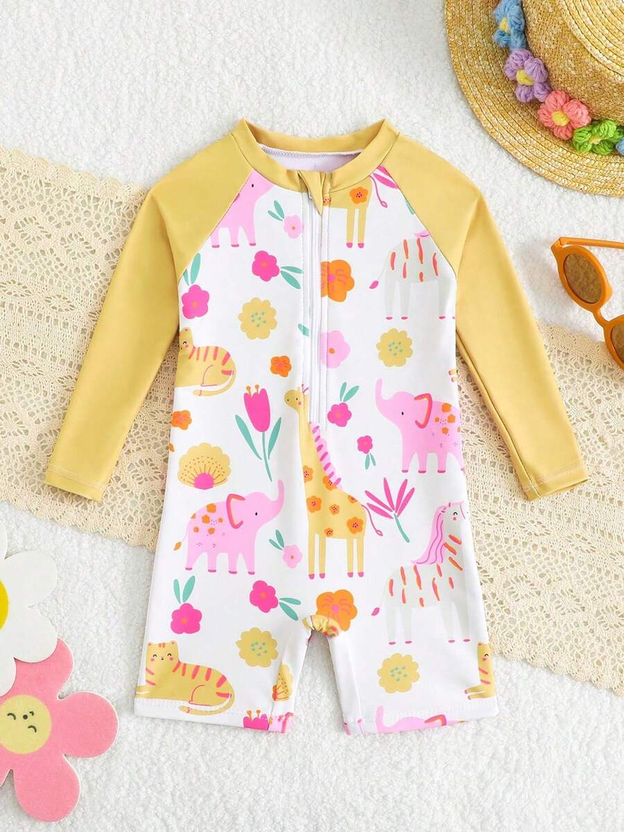 SHEIN 1pc Girls' Cute Zoo Animal Print Long Sleeve One-Piece Swimsuit,Sun Protection Rash Guard With Zipper For Summer,Beach,Family Vacation,Holiday Wear - Yellow - View 1