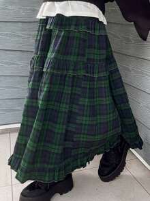 FRIFUL Women's Plaid Minimalist Casual Skirt - Navy Blue - View 3