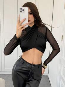 Modelyn Women's European & American Black Autumn Elegant Seksi Chic Night Out Sheer Mesh Patchwork Long Sleeve Criss-Cross Neck Cropped Tee Top - Black - View 6