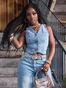 Slaydiva Áo sơ mi denim nữ thời trang mùa xuân/hè, kiểu dáng thường ngày, cài khuy phía trước, có đinh tán. - Màu xanh lam - Xem 6