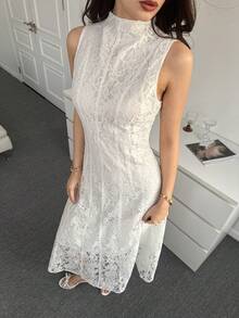 Modelyn Women's Stand Collar Lace Patchwork Elegant Waist Cinched Midi Party Dress - White - View 5