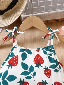 SHEIN Vintaside Kids Young Girls Summer Casual Fashion New Dress, Woven Fabric Strawberry Digital Print Pattern, Sleeveless Strap With 3D Bow Decor, Patchwork Hem Dress, Suitable For Young GirlCute & Charming, Casual & Fashionable, Suitable For Daily, School, Outing, Holiday, Beach, Vacation, Summer Outfit Girls Sleeveless Dress Kids Strawberry Dress Girls Aline Dress Girls Sundress Girls Midi Dress Girls Summer Dress Kids Strawberry Print Dress Girls Casual A-Line Dress Girls Sleeveless Midi Dress Kids Casual Dress - Multicolor - View 3