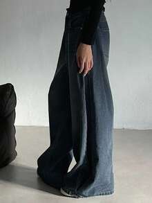 DAZY 女士休闲宽松百搭韩版阔腿牛仔裤 - 藍色 - 查看 5