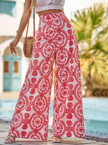 Breezaya Women's Fashionable Casual Printed Wide Leg Pants - Red - View 3