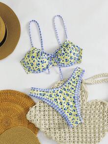 Swim Mod 新款女士优雅波西米亚风 Y2K 淡黄色碎花三角比基尼套装 - 两件式泳衣，饰有蓝色格纹滚边、正面蝴蝶结、可调节肩带和性感泳裤 - 可爱甜美复古海岸风沙滩装，适合夏季海滩度假、泳池派对和音乐节 - 彩色 - 查看 5