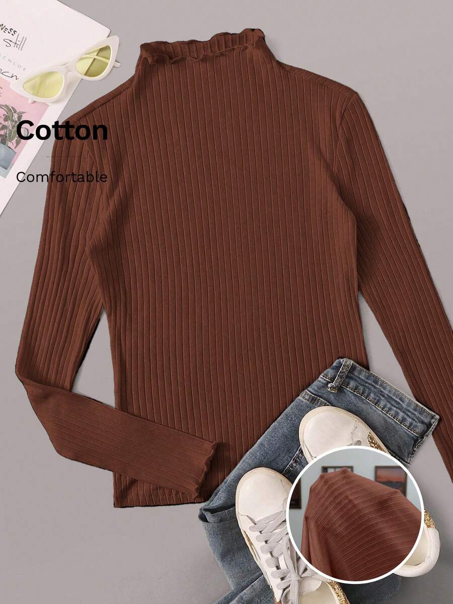 SHEIN EZwear 大码罗纹高领汗衫 - 巧克力棕 - 查看 1