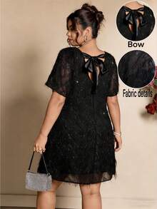 Cravure 优雅奢华流苏面料露背蝴蝶结系带设计大码女装 - 黑色 - 查看 1