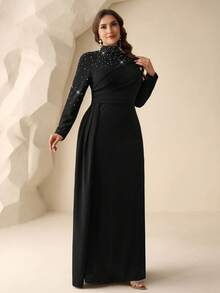 Coutiva 大码女士水钻装饰立领长袖褶皱修身正式晚礼服 - 黑色 - 查看 5