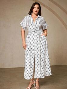Aveloria Rosie Vestido longo elegante com estampa retrô francesa de bolinhas, decote em V, botões na cintura, bolsos grandes, manga curta, tamanhos grandes. - Branco - Ver 4