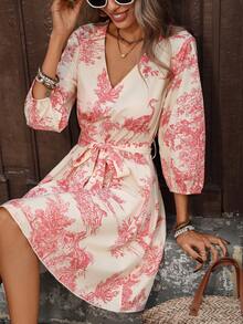 Breezaya Women's Casual Vacation Style Allover Print V-Neck Lantern Sleeve Belted Short Dress, Spring/Summer - Red - View 4