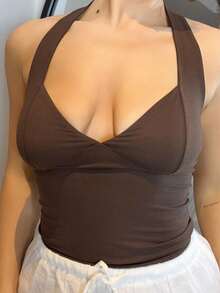 Bethéva Camiseta de tirantes de cuello halter de unicolor y estilo minimalista, para uso diario de mujer - Café integral - Ver 3