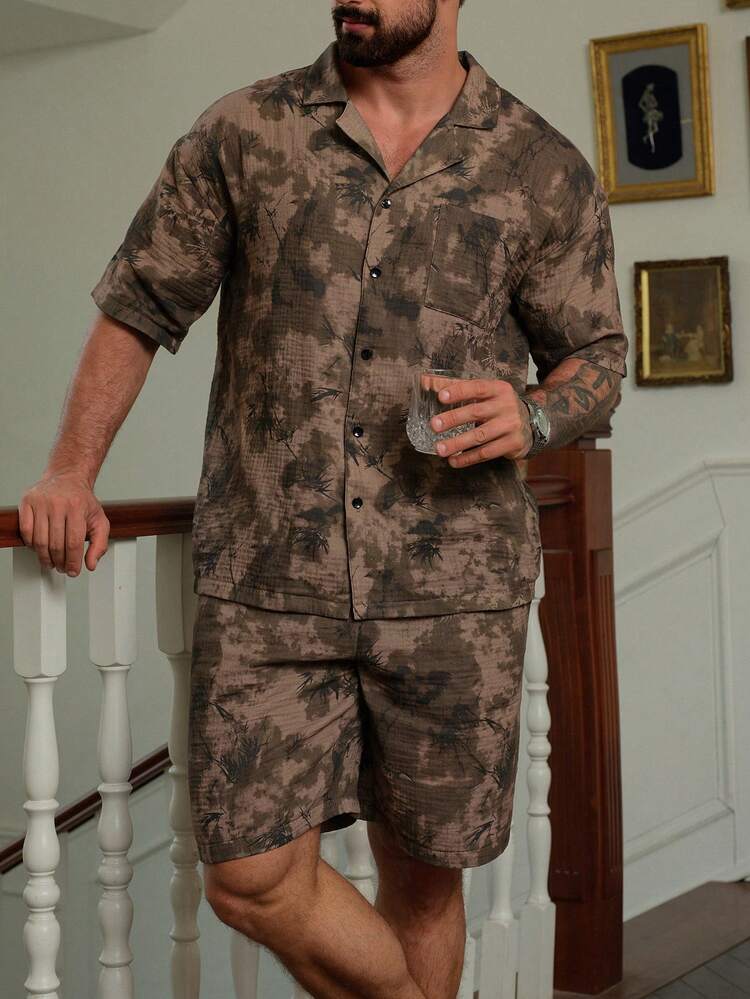 Men's Summer Short Sleeve Shirt And Shorts Textured Fabric Pajama Set