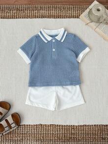 SHEIN Bộ đồ 2 món cho bé trai/bé gái: Áo polo tay ngắn cổ bẻ phối màu tương phản và quần short màu trơn cạp chun. - Nhiều màu - Xem 1