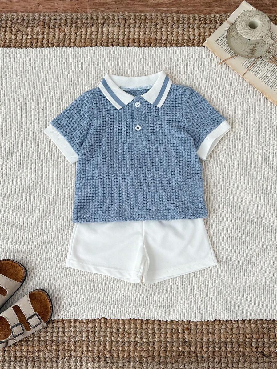 SHEIN Bộ đồ 2 món cho bé trai/bé gái: Áo polo tay ngắn cổ bẻ phối màu tương phản và quần short màu trơn cạp chun. - Nhiều màu - Xem 1