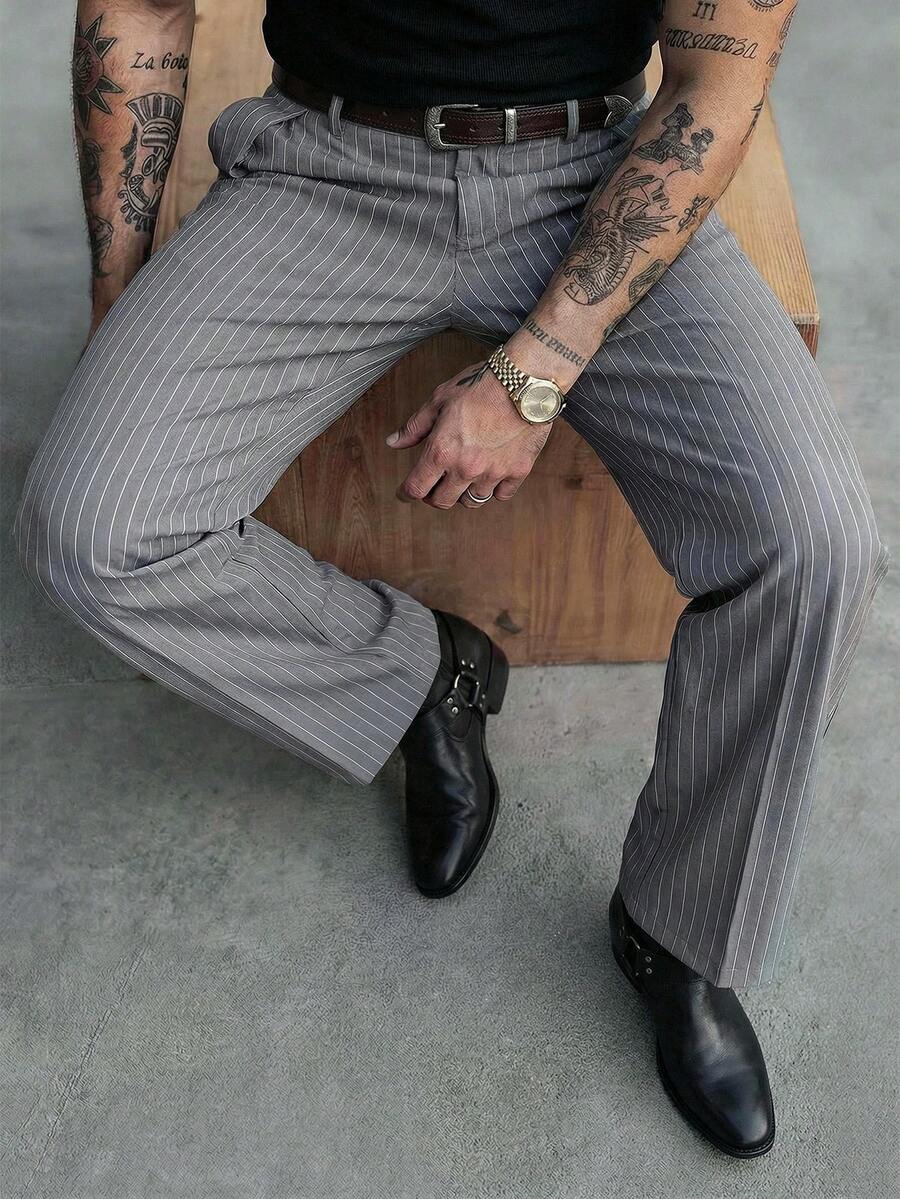 GENTILAND Men's Casual Versatile Commuting Striped Wide Leg Pants Men Pants Dress Japanese Pants Mens Wide Leg Pants Gray Pants Pinstripe Pants - Grey - View 1