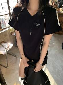 DAZY 女士美式V领短袖T恤，黑色，修身，运动设计，2025夏季新款 - 黑色 - 查看 4