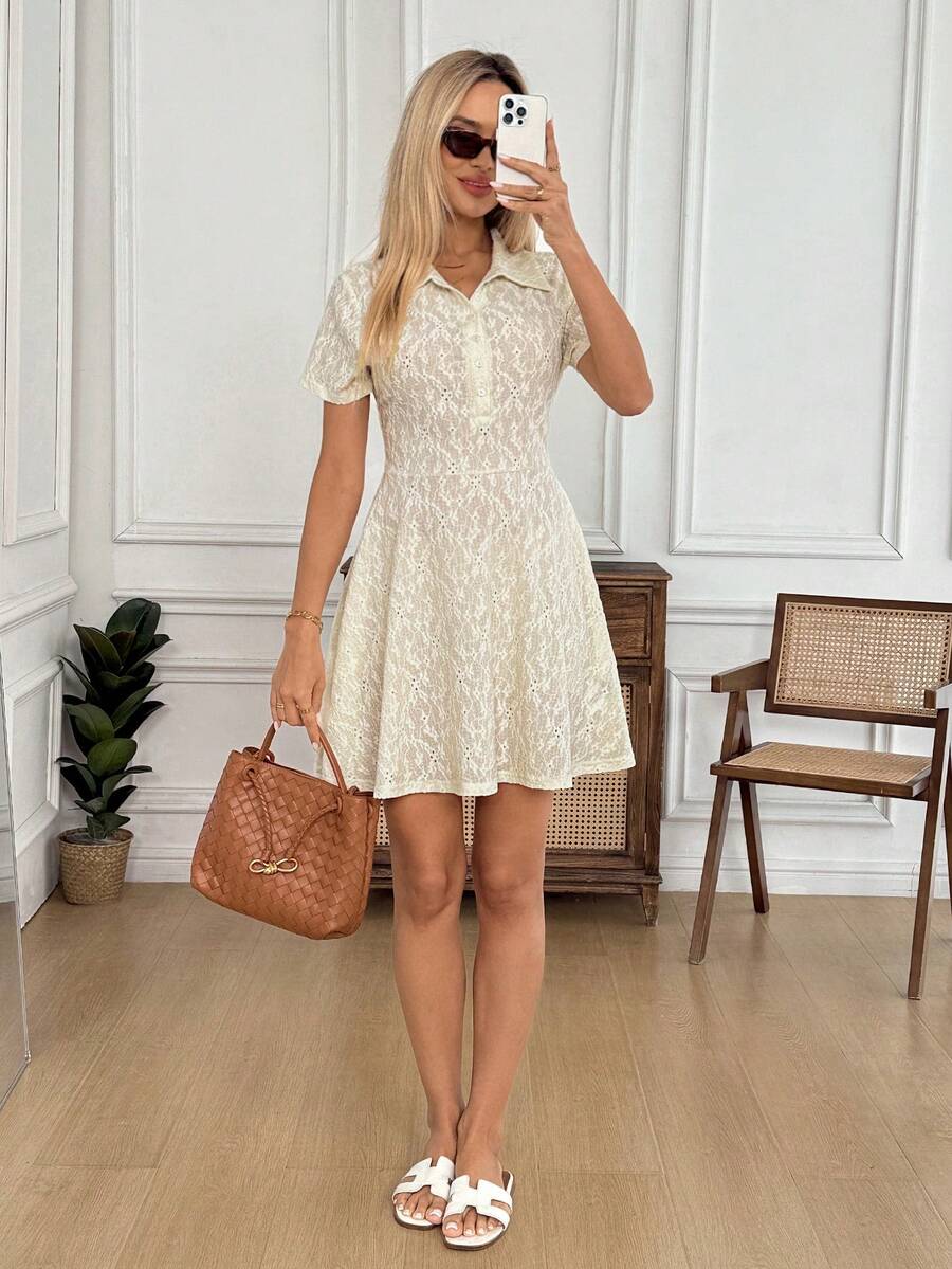 Easowa 女士休闲纯色镂空刺绣短袖连衣裙，夏季休闲服饰 - 米色 - 查看 1