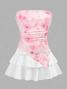 SHEIN Tween Girls Floral Print Ruched Hem Cropped Cami With Sheer Straps & Layered Cute Mini Skirt 2-Piece Set - Pink - View 1