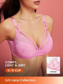 LUVLETTE Woman Pink Lingerie Full Coverage Side Support&Breathable Underwire Sexy Unlined Lace & Mesh Sheer Minimizer Bra - Pink - View 1