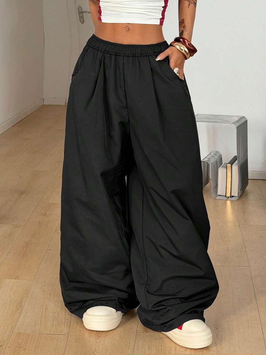 Coolane Summer For Women Going Out Casual Streetwear Everyday Commute Simple Solid Black Elastic Waist Side Pockets Loose Wide Leg Pants - Black - View 1