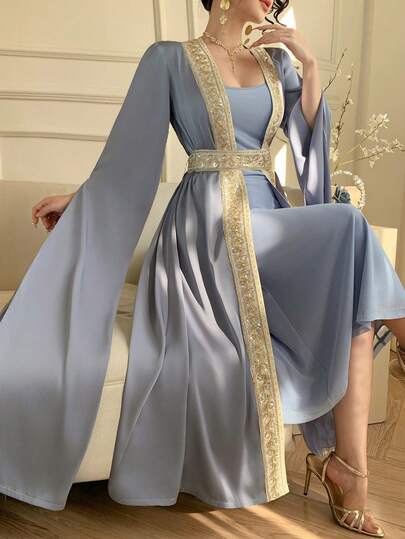 DAZY Vestido sin mangas con contraste de color, encaje y parche, con cinturón, conjunto de 2 piezas, primavera/verano