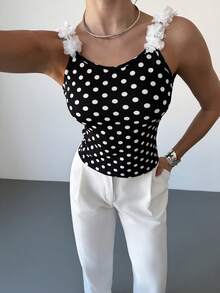 RiviMae Women's Summer Polka Dot Applique Camisole - Black and White - View 4