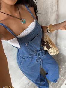 Sunnyshic Women's Pocket Waist Tie Casual Wide Leg Jumpsuit - Light Wash - View 3