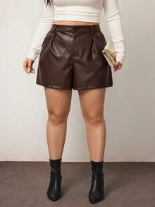 Enliva Plus Size Solid Color PU Leather Casual Versatile Pockets Shorts, For Apple & Rounded Body Shape, For Body Shape, For Summer - Rust Brown - View 3
