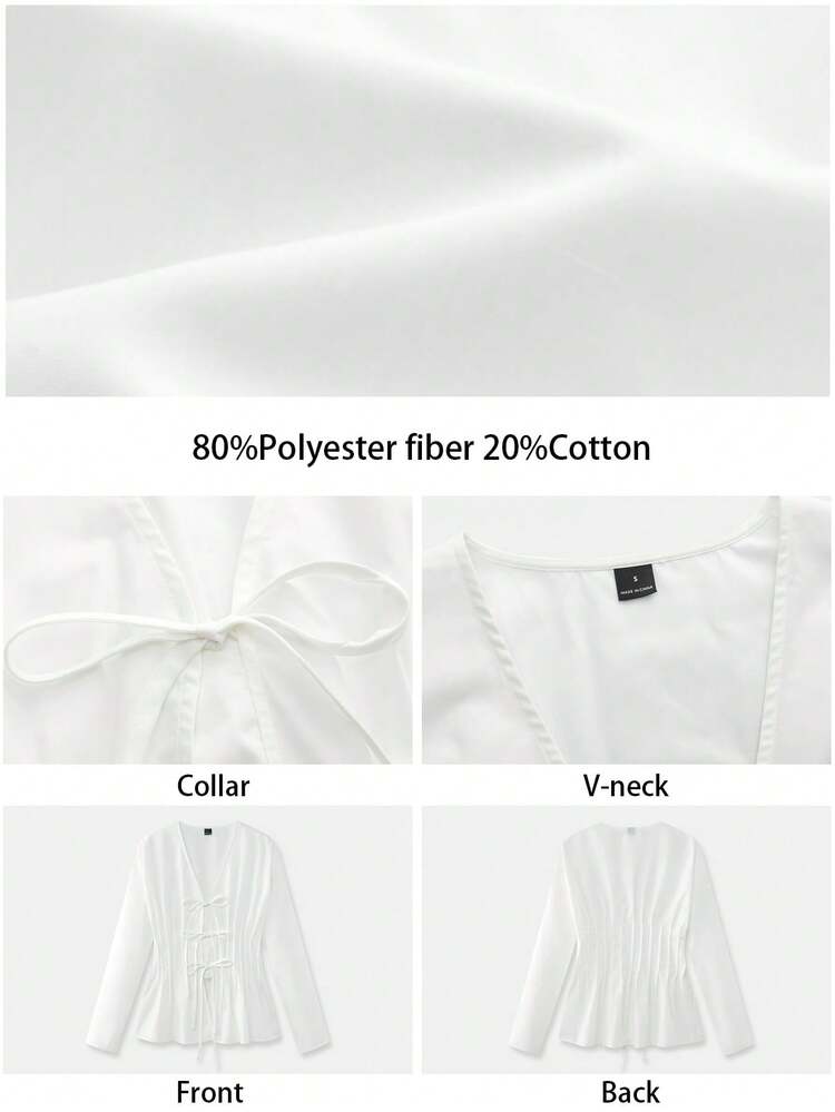 SHEIN Maija White V-Neck Pleated Twist Front Long Sleeve Casual Blouse For Women White Blouse Tie Up Shirt Spring Beach Women Cotton Blouses Cotton Top Cinched Waist Top Tie Front Blouse Valentine's Day Vacations Women Spring To Summer