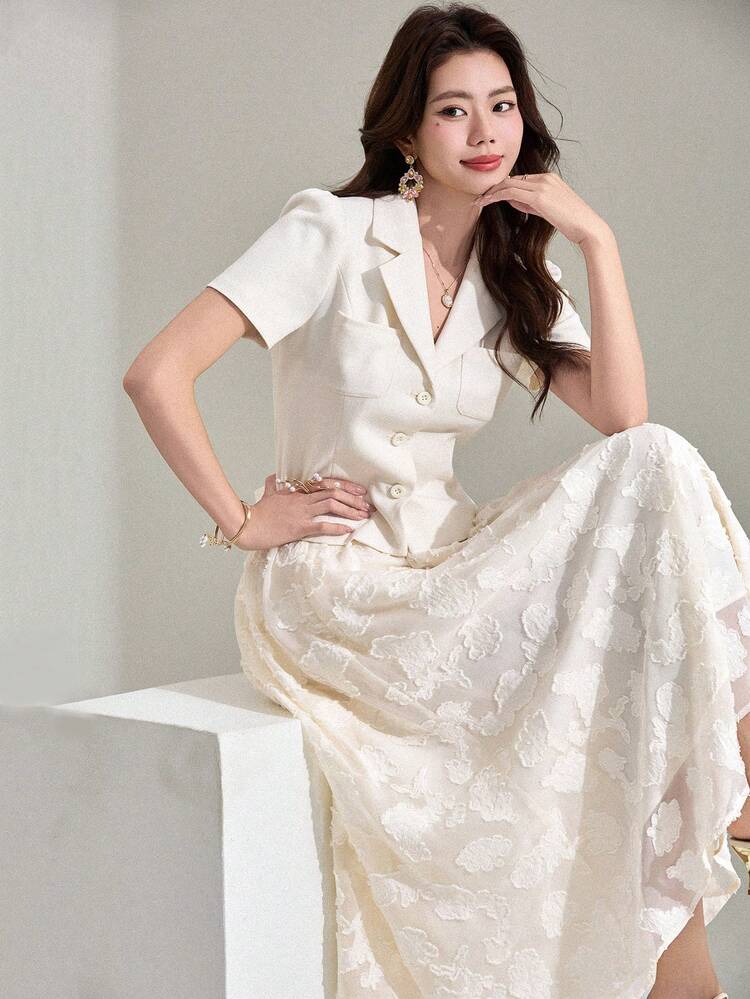 Women's Elegant Blazer Collar Pocket Puff Sleeve Jacket & Lace Skirt Suit Set, Summer,Wedding Guest Dress Women